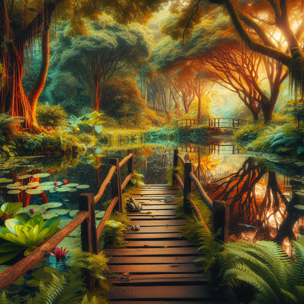 De vijver met bruggetje. 