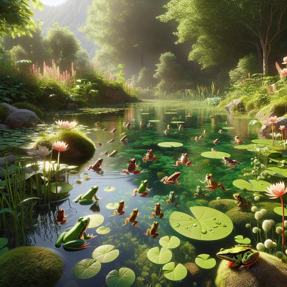 Kikkers lokken naar de vijver. 